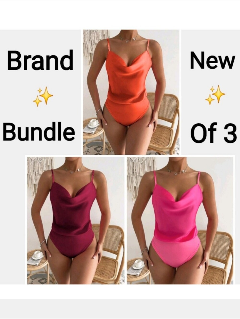 Satin Cowl Neck Bodysuit in Orange, Magenta & Fuchsia, Bundle (3), Size L
